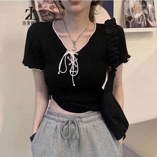 Áo croptop ZHELIHANGFEI dệt kim tay ngắn cổ V thắt dây nơ quyến rũ thời trang cho nữ