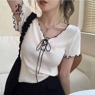 Áo croptop ZHELIHANGFEI dệt kim tay ngắn cổ V thắt dây nơ quyến rũ thời trang cho nữ
