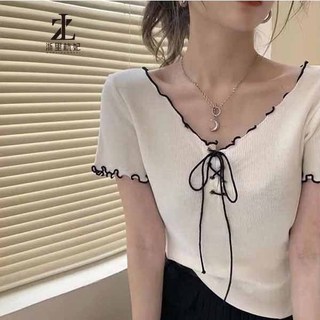 Áo croptop ZHELIHANGFEI dệt kim tay ngắn cổ V thắt dây nơ quyến rũ thời trang cho nữ