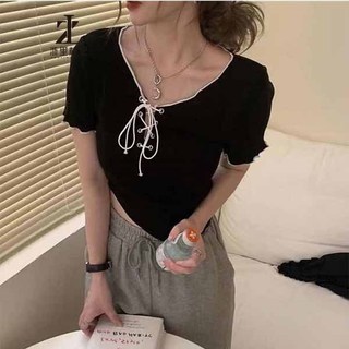 Áo croptop ZHELIHANGFEI dệt kim tay ngắn cổ V thắt dây nơ quyến rũ thời trang cho nữ