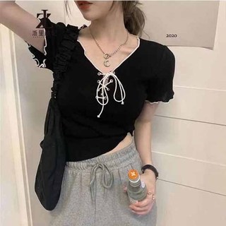 Áo croptop ZHELIHANGFEI dệt kim tay ngắn cổ V thắt dây nơ quyến rũ thời trang cho nữ