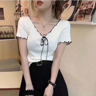 Áo croptop ZHELIHANGFEI dệt kim tay ngắn cổ V thắt dây nơ quyến rũ thời trang cho nữ