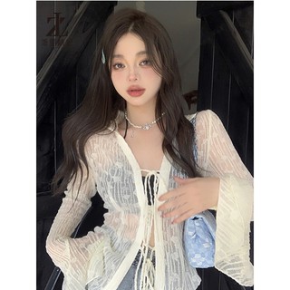 ZHELIHANGFEI Áo Sơ Mi Voan Mỏng Màu Đen Chống Nắng Phối Dây Buộc Độc Đáo Thời Trang