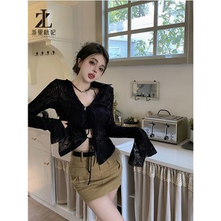 ZHELIHANGFEI Áo Sơ Mi Voan Mỏng Màu Đen Chống Nắng Phối Dây Buộc Độc Đáo Thời Trang