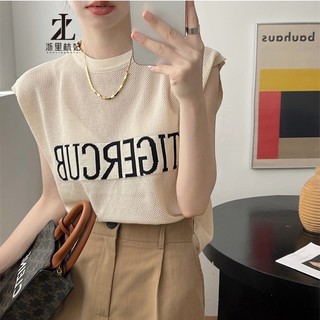 ZHELIHANGFEI Áo dệt kim mỏng không tay dáng rộng in chữ 3 màu lựa chọn thời trang mùa hè cho nữ