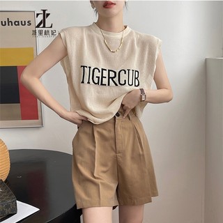 ZHELIHANGFEI Áo dệt kim mỏng không tay dáng rộng in chữ 3 màu lựa chọn thời trang mùa hè cho nữ