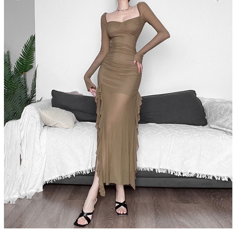 Cutenew Thanh Lịch Xù Dài Tay Nữ Mùa Xuân 2024 Mỏng Cổ Vuông Cắt Bên Midi Đầm Câu Lạc Bộ Dự Tiệc