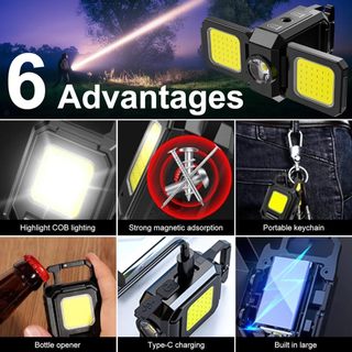 Đèn làm việc COB, Đèn pin Mini có thể sạc lại, 5 chế độ, Đèn LED móc khóa, Cắm trại khẩn cấp ngoài trời