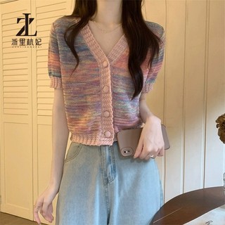 ZHELIHANGFEI Áo sweater Ngắn Tay Cổ Chữ v Màu Nhuộm Tương Phản Phong Cách Thời Trang Cho Nữ