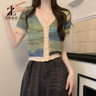 ZHELIHANGFEI Áo sweater Ngắn Tay Cổ Chữ v Màu Nhuộm Tương Phản Phong Cách Thời Trang Cho Nữ