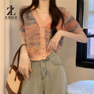 ZHELIHANGFEI Áo sweater Ngắn Tay Cổ Chữ v Màu Nhuộm Tương Phản Phong Cách Thời Trang Cho Nữ