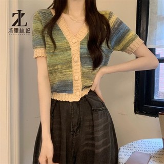 ZHELIHANGFEI Áo sweater Ngắn Tay Cổ Chữ v Màu Nhuộm Tương Phản Phong Cách Thời Trang Cho Nữ