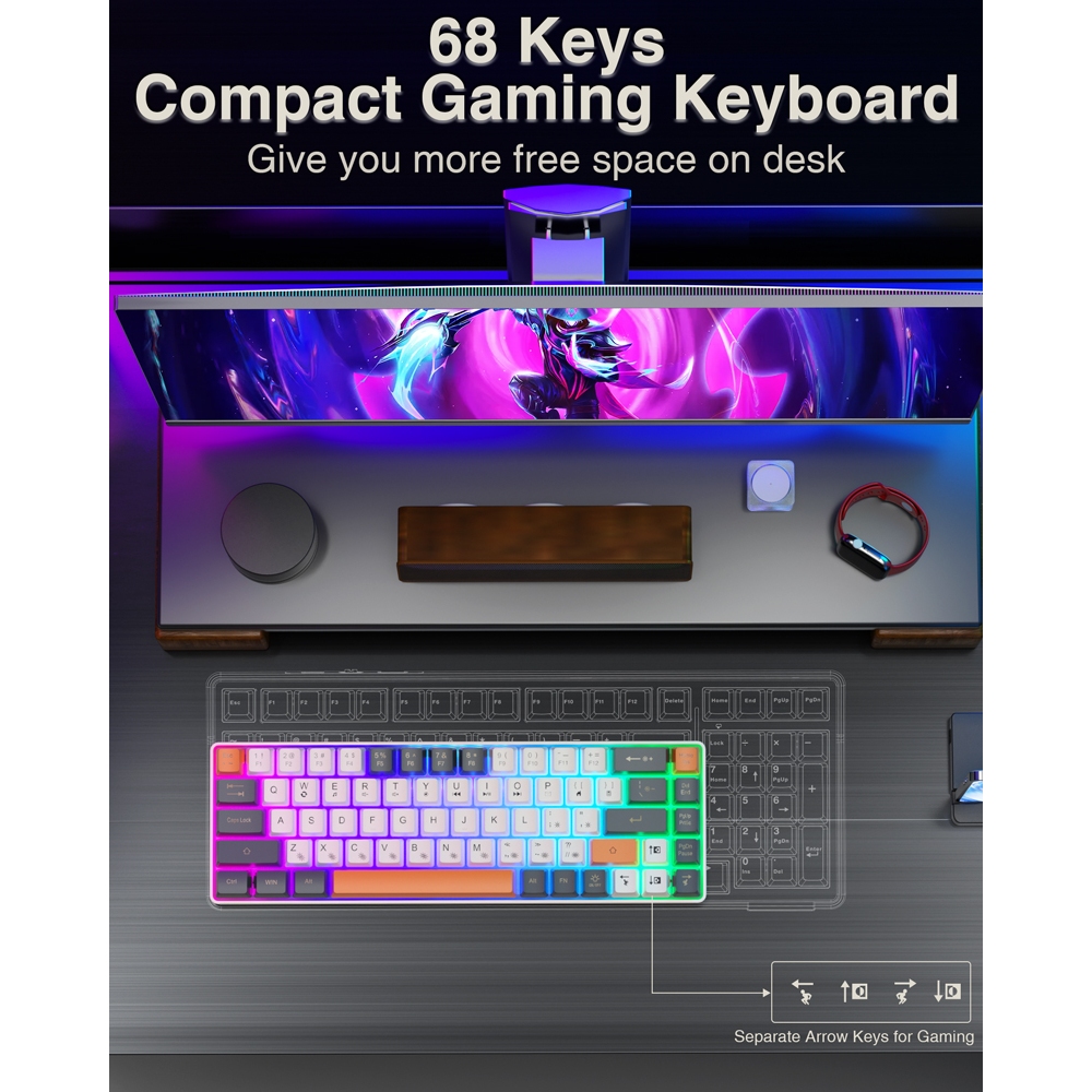 Aula SOLAKAKA SK968 68 Phím RGB Màng Bàn Phím Cầu Vồng Ánh Sáng Type-C Bàn Phím Chơi Game Mini Có Dây Cho PC Laptop | BigBuy360 - bigbuy360.vn