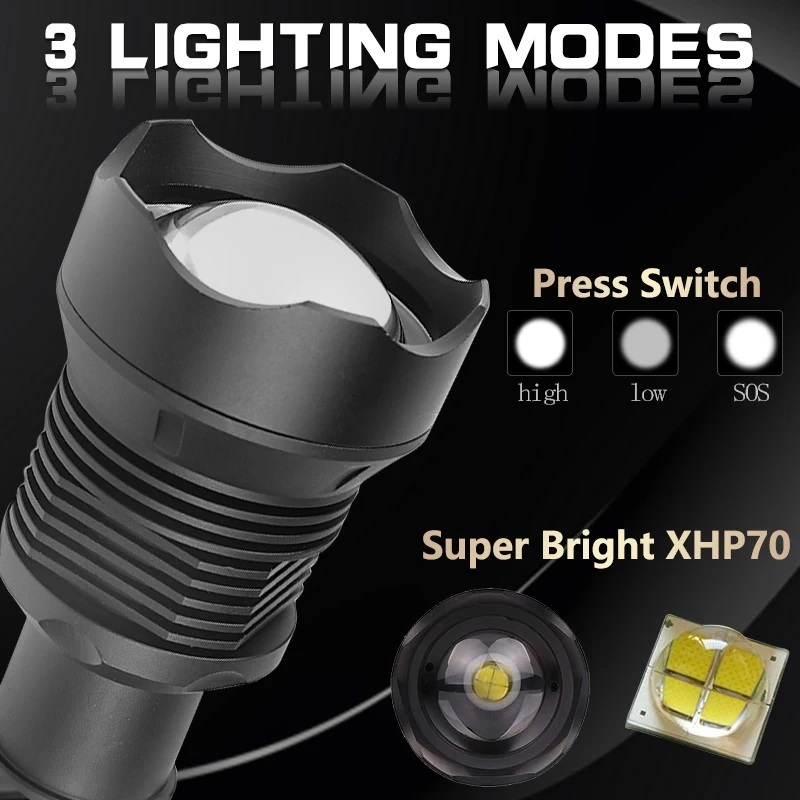 Ecily Siêu Sáng XHP70 Đèn Pin USB Sạc Zoom LED Torch 26650 Pin Cắm Trại Ngoài Trời