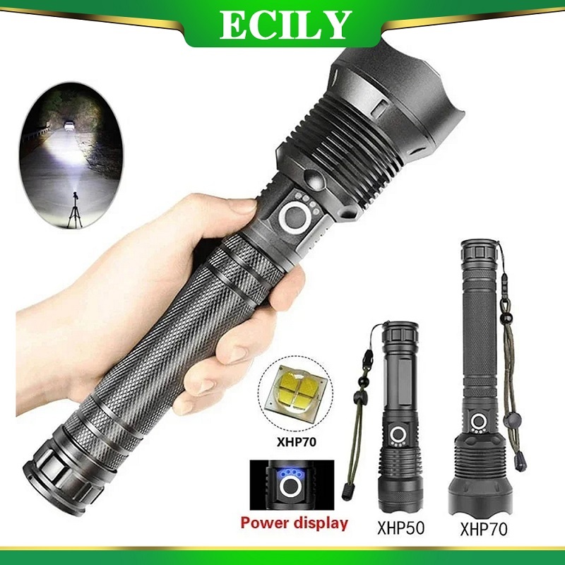 Ecily Siêu Sáng XHP70 Đèn Pin USB Sạc Zoom LED Torch 26650 Pin Cắm Trại Ngoài Trời
