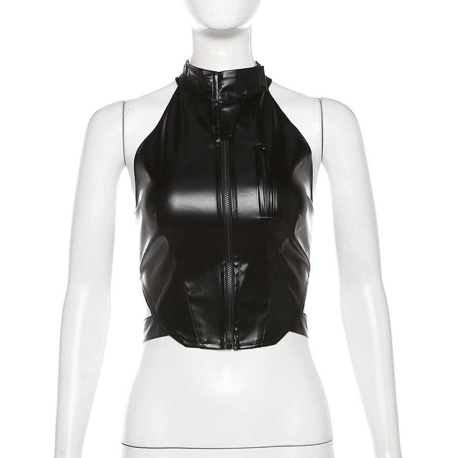 Cutenew Pu Da Tank Top Nữ Mùa Hè 2024 Đen Y2K Dạo Phố Dây Kéo Lưng Áo