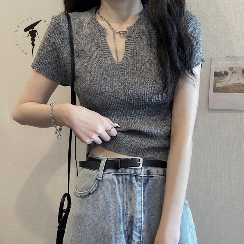 MeiXueMeiLin Áo Sweater Tay Ngắn Dáng Ôm Thiết Kế Trẻ Trung Năng Động