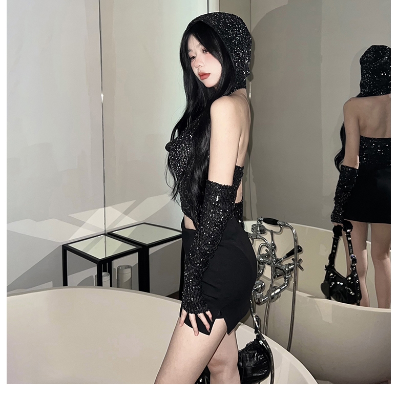 Cutenew Sequins Crop Top Dành Cho Nữ 2024 Phong Cách Đường Phố Hàn Quốc Đảng Gợi Cảm Lưng Hooed Slim Fit Tank Top