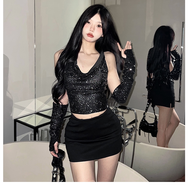 Cutenew Sequins Crop Top Dành Cho Nữ 2024 Phong Cách Đường Phố Hàn Quốc Đảng Gợi Cảm Lưng Hooed Slim Fit Tank Top