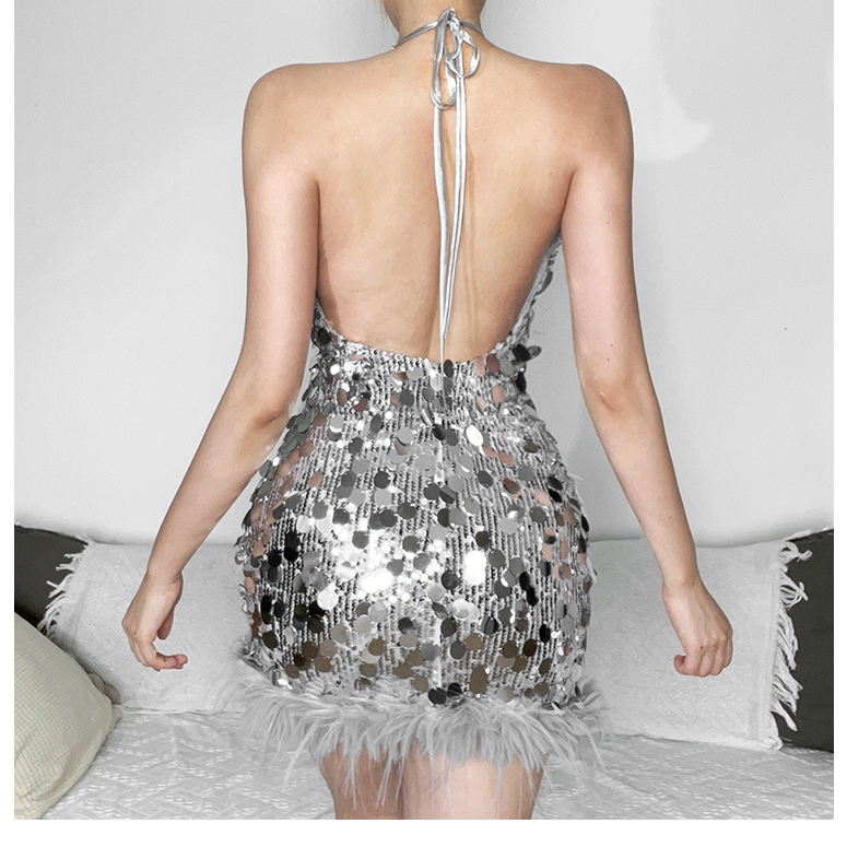 Cutenew Sequins Đảng Câu Lạc Bộ Mini Đầm Nữ Mùa Hè Lông Thú Chia Gợi Cảm Dây Lưng Bodycon Váy