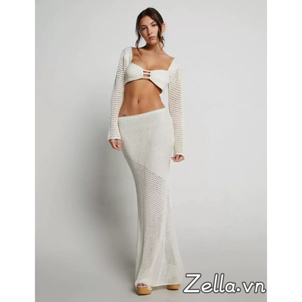 Phụ Nữ Y2K 2 Bộ Trang Phục Dài Tay Cổ Vuông Crop Tops + Váy Dệt Kim Dài Rỗng Cho Tiệc Đi Biển