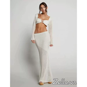 Phụ Nữ Y2K 2 Bộ Trang Phục Dài Tay Cổ Vuông Crop Tops + Váy Dệt Kim Dài Rỗng Cho Tiệc Đi Biển