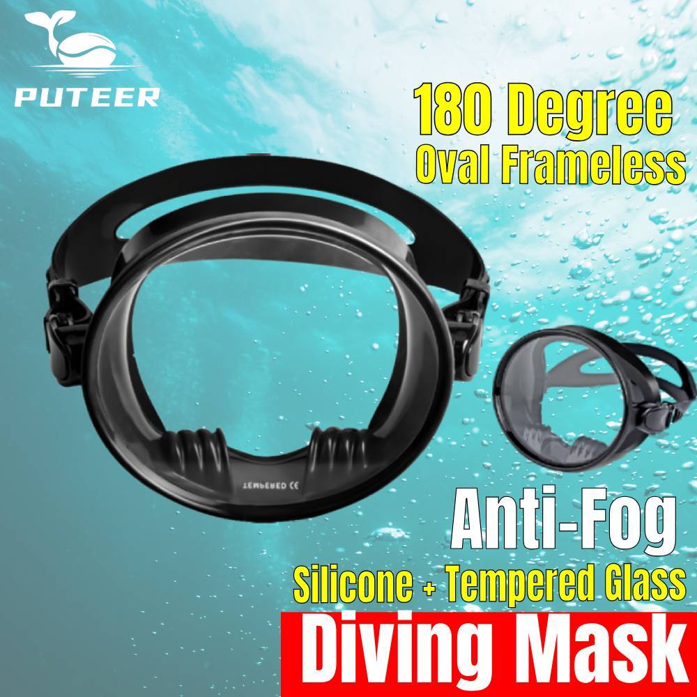 Puteer Mặt nạ lặn toàn mặt Kính cường lực Kính cường lực nhìn rộng Kính hình bầu dục + Mặt nạ lặn chống sương mù bằng silicon để lặn tự do Lặn biển