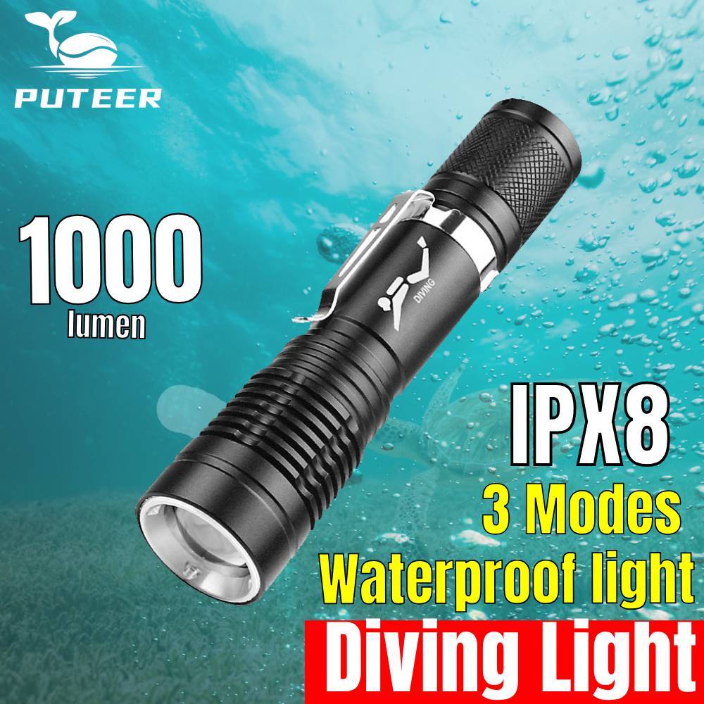Đèn lặn mini Puteer D135 chống nước, sạc di động, có kẹp - Sử dụng ở độ sâu tới 50m
