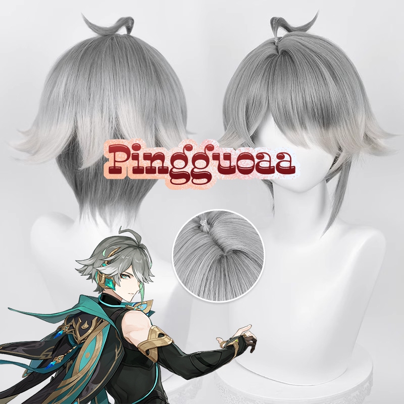 【Manmei】Genshin Impact Alhaitham Cosplay Wig 30cm Short Gray Hair Anime ...