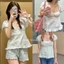 SF-Áo Lady mùa hè ngắn tay áo đầu lá sen cạnh bong bóng tay áo ngọt trắng kẻ sọc T-shirt