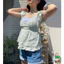SF-Áo Lady mùa hè ngắn tay áo đầu lá sen cạnh bong bóng tay áo ngọt trắng kẻ sọc T-shirt