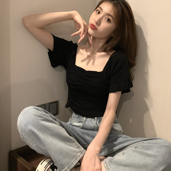 Áo thun dệt kim mùa hè Phong cách mới Slim-fit Crop ngắn tay Kn