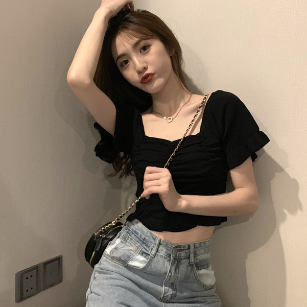 Áo thun dệt kim mùa hè Phong cách mới Slim-fit Crop ngắn tay Kn