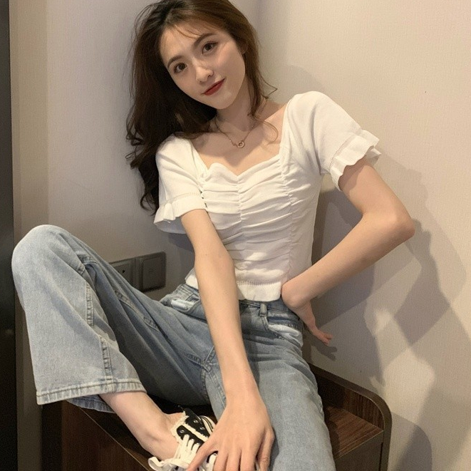 Áo thun dệt kim mùa hè Phong cách mới Slim-fit Crop ngắn tay Kn