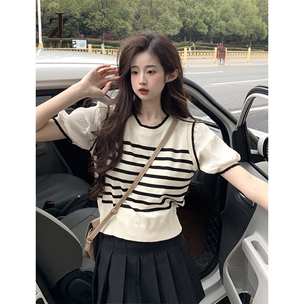ZHELIHANGFEI Áo Sweater Tay Ngắn Dáng Rộng Họa Tiết Kẻ Sọc Phong Cách Pháp Trẻ Trung