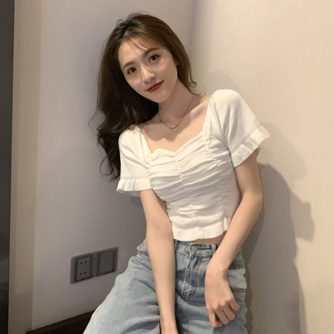 Áo thun dệt kim mùa hè Phong cách mới Slim-fit Crop ngắn tay Kn