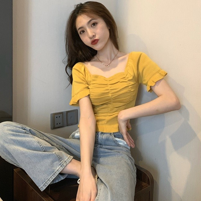 Áo thun dệt kim mùa hè Phong cách mới Slim-fit Crop ngắn tay Kn