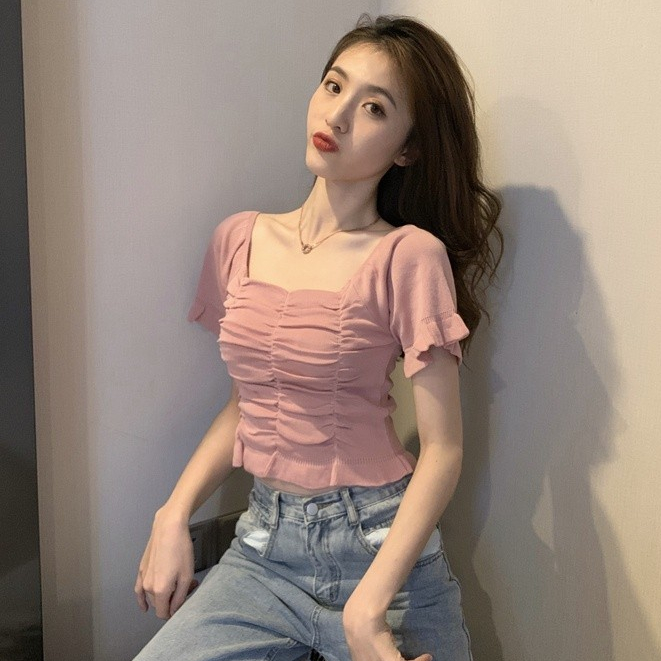 Áo thun dệt kim mùa hè Phong cách mới Slim-fit Crop ngắn tay Kn