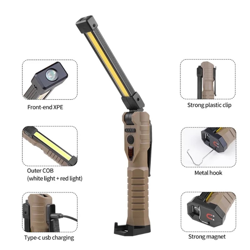 Đèn LED làm việc có thể sạc lại ECILY USB 1000 Lumens Đèn lồng COB có đèn báo công suất Đèn pin có tay cầm để sửa chữa ô tô ngoài trời