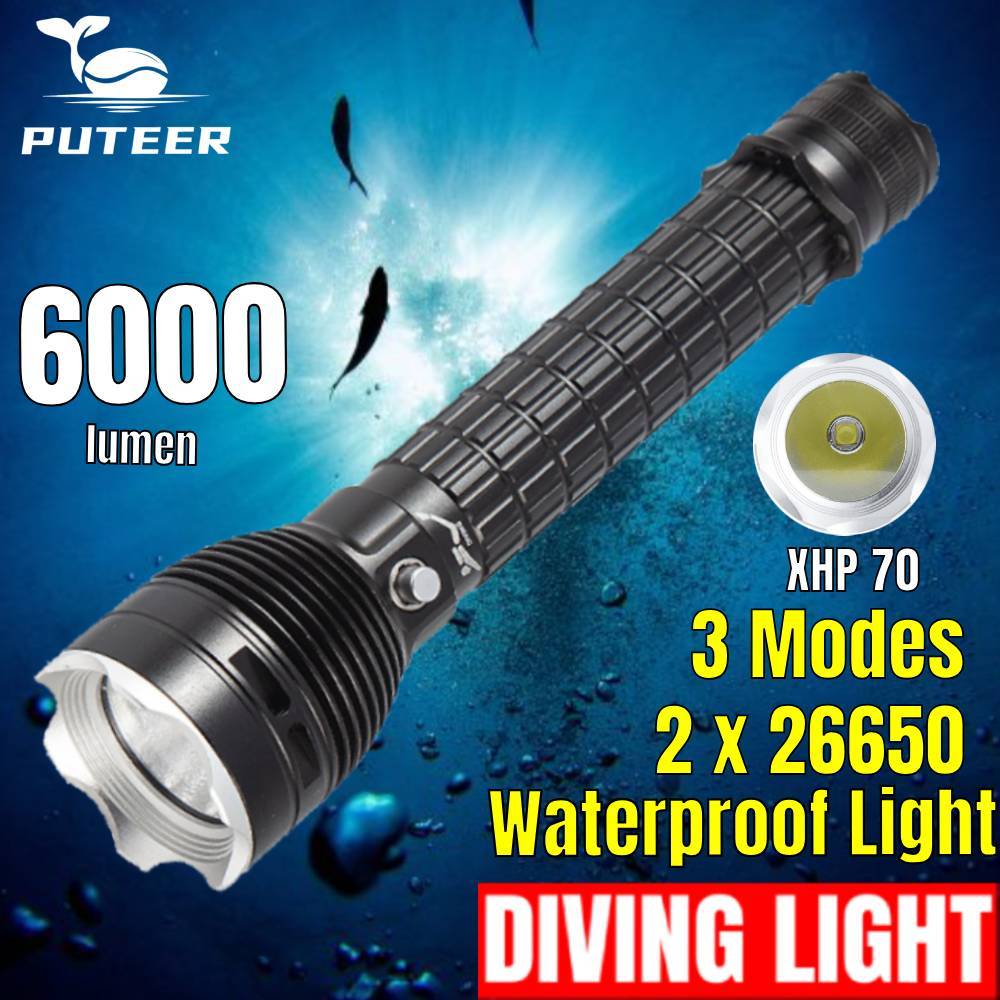 Đèn pin Puteer 26650mAh, Kháng Nước IPX8 - Phù Hợp Lặn và Hoạt Động Ngoài Trời