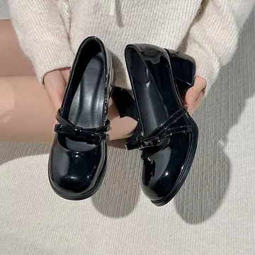 Giày Mary Jane Giày Da màu đen cổ tích dành cho nữ Giày đơn nơ cao gót tất cả trong một mới Giày Gót Thấp Giày Nữ
