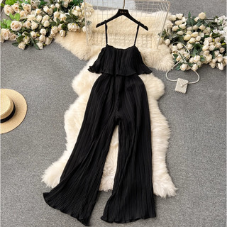 Phụ Nữ Hàn Quốc Voan Mùa Hè Dây Ruffle Xếp Ly Voan Ống Rộng Rompers Jumpsuits Hàng Sẵn Có Mới