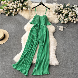 Phụ Nữ Hàn Quốc Voan Mùa Hè Dây Ruffle Xếp Ly Voan Ống Rộng Rompers Jumpsuits Hàng Sẵn Có Mới