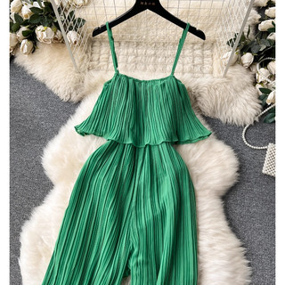 Phụ Nữ Hàn Quốc Voan Mùa Hè Dây Ruffle Xếp Ly Voan Ống Rộng Rompers Jumpsuits Hàng Sẵn Có Mới