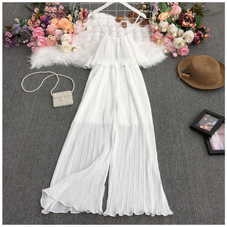 Phụ Nữ Hàn Quốc Voan Mùa Hè Dây Ruffle Xếp Ly Voan Ống Rộng Rompers Jumpsuits Hàng Sẵn Có Mới