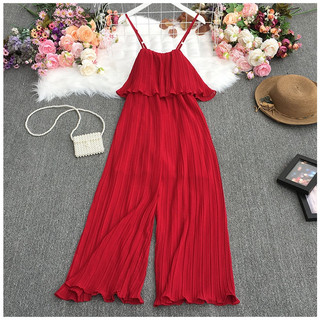 Phụ Nữ Hàn Quốc Voan Mùa Hè Dây Ruffle Xếp Ly Voan Ống Rộng Rompers Jumpsuits Hàng Sẵn Có Mới