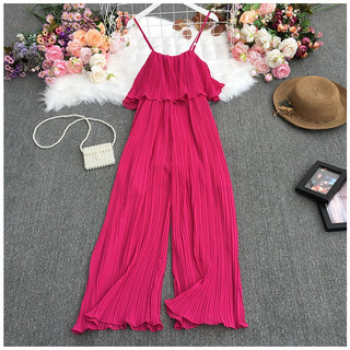 Phụ Nữ Hàn Quốc Voan Mùa Hè Dây Ruffle Xếp Ly Voan Ống Rộng Rompers Jumpsuits Hàng Sẵn Có Mới