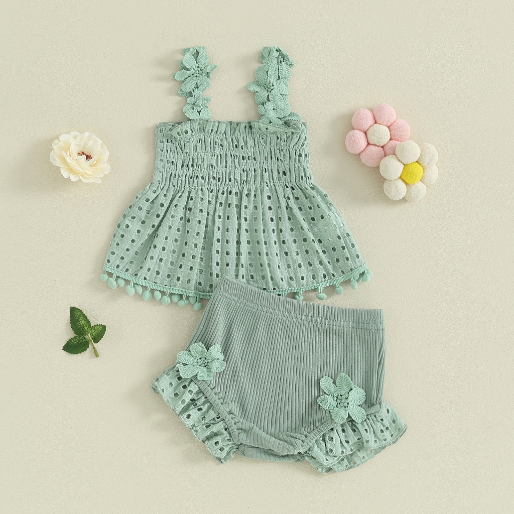 Bộ Áo + Quần Short Xếp Ly Co Giãn Màu Trơn Thời Trang Mùa Hè Cho Bé Gái 0-18 Tháng Tuổi