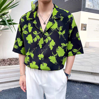 Áo sơ mi nam ngắn tay ESEA, thời trang và phổ biến kiểu Mỹ cổ điển dáng rộng giản dị phong cách Harajuku Nhật Bản chất lượng cao phong cách trung tính in áo sơ mi ngắn tay