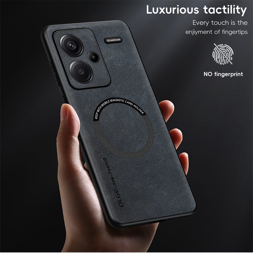 KHÔNG Dấu vân tay Vòng sắt da sang trọng cho Xiaomi Redmi Note 13 Pro + Plus 5G Giá đỡ ô tô Bảo vệ từ tính Vỏ sạc không dây